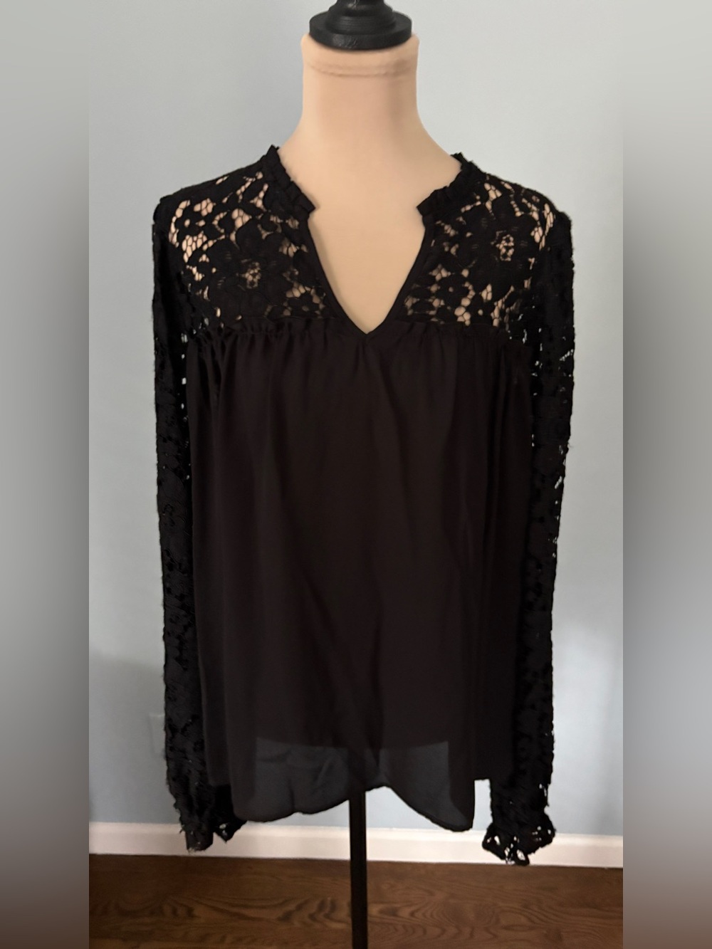 Nicole Miller Black Lace Yoke Long-Sleeve Blouse